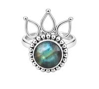 925 Sterling Silver Ring for Women Round Labradorite Gemstone Boho Beaded Solitaire Handmade Jewelry Gift for Her R-11AI_V