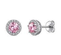 925 Sterling Silver Round Brilliant Cut Cubic Zirconia CZ Stud Earrings Dainty Small Comfortable Simulated Pink Tourmaline October Birthstone Hypoallergenic Earrings for Women Girls Teens