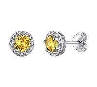 925 Sterling Silver Round Brilliant Cut Cubic Zirconia CZ Stud Earrings Dainty Small Comfortable Simulated Citrine November Birthstone Hypoallergenic Earrings for Women Girls Teens