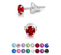 925 Sterling Silver Round SMALL Stud Earrings made with Glittering Crystals - Silver Studs Earrings for Woman - Diameter: 4 mm - Colour : Red Light Siam