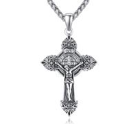 925 Sterling Silver Saint Benedict Crucifix Jesus Patron Christ Pendant Necklace for Men Cross Medal Prayer Christian Necklace for Women