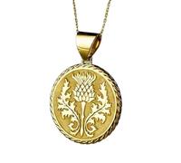 925 Sterling Silver Scottish Thistle Pendant Necklace, |LK_NLC_00333 | 22mm round disc, gold plated floral medallion, celtic heritage inspired jewelry with 18 inch cable chain,