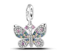 925 Sterling Silver Shimmer Coloured Crystals Pave Encrusted Butterfly Dangle Bead Charm For Pandora Bracelets Charms Necklace | Cubic Zirconia | Gift Boxed