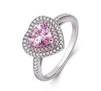 925 Sterling Silver Shiny Full Diamond Ring Pink Heart Rings for Women 14K White Gold Plated Cubic Zirconia Diamond Rings for Her Promise Wedding Engagement Ring for Girls Mothers Day Size Q