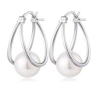 925 Sterling Silver Simulated Pearl Double Hoop Earrings for Women Fashion Minimalist White Round Pearls Lever Back Drop Earring Delicate Simple Wedding Jewelry Gift 8MM