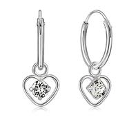 925 Sterling Silver Small Hoops Earrings with Dangling Heart in Clear Crystals - Heart Earrings with Faux Diamond - Thickness 1.2 mm - Diameter: 12 mm