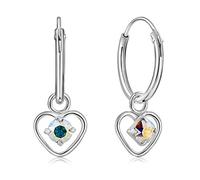 925 Sterling Silver Small Hoops Earrings with Dangling Heart in Glittering Crystals 3 mm - Aurora Borfealis Heart Earrings - Thickness 1.2 mm - Diameter: 12 mm