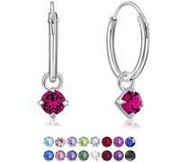 925 Sterling Silver Small Hoops Earrings with Dangling Heart in Glittering Crystals 3 mm - Heart Earrings Fuchsia Colour - Thickness 1.5 mm - Diameter: 14 mm