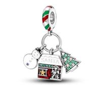 925 Sterling Silver Snowman Santa House And Christmas Tree Dangle Bead Slider Charm For Pandora Bracelets Charms Necklace | Cubic Zirconia | Gift Boxed