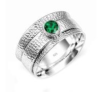 925 Sterling Silver Spinner for Women Hammered Meditation with Round Emerald Anxiety Relief Fidget Ring Wide Band Boho Jewelry R-22AM_O