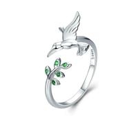 925 Sterling Silver Spring Tree Leaves & Bird Open Ring Green Zircon Adjustable Finger Ring For Women Fine Jewelry