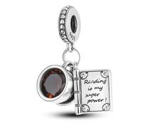 925 Sterling Silver Striking Coffee Cup and Book Two-In-One Engraved Dangle Bead Charm For Pandora Bracelets Charms Necklace | Cubic Zirconial Enamel Charm | Gift Boxed