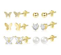 925 Sterling Silver Stud Earrings Set Minimalist Piercing Earrings Small Ball Pearl Butterfly Cubic Zirconia Studs Earring for Women Girls (6 Pairs, 14K Real Gold Plated)