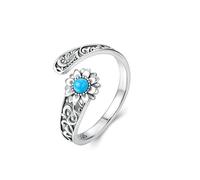 925 Sterling Silver Sunflower Turquoise Open Ring Adjustable Retro Oxidized Ring For Mother Birthday Gift Fine Jewelry