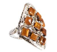 925 Sterling Silver Tiger Eye Ring with Cabochon Square Brown Stones Prong Set Adjustable Handmade Natural Gemstone Jewelry Size- 6.5_M 1/2_53 (16.9)
