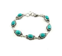 925 Sterling Silver Turquoise Bracelet for Women | Handmade Oval Gemstone Link Bracelet | Vintage Boho Jewelry Gift for Her | Adjustable Silver Chain Bracelet