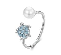 925 Sterling Silver Turtle Pearl Ring Stacking Finger Ring, Cute Animals Adjustable Open Rings Birthday Gift
