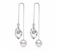 925 Sterling Silver Twist Spiral Crystal Dangle Earring, Silver Long Chain Pearl Drop Earrings, Pull Through Thread Dangling Earrings for Women