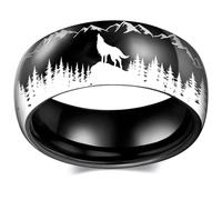 925 Sterling Silver Wolf in Forest Ring, Stainless Steel Ring for Men and Women, Titanium Steel Black Forest Animal, Forest Wolf Grassland Wolf Ring at Night Size 8