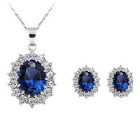 925 Sterling Silver Women Necklace Earrings Jewellery Set Round Cubic Zirconia Gift Box for Party Wedding Vacation (Blue Oval Se)