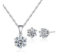 925 Sterling Silver Women Necklace Earrings Jewellery Set Round Cubic Zirconia Gift Box for Party Wedding Vacation (4 Claws Pink Ston)