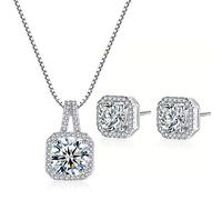 925 Sterling Silver Women Necklace Earrings Jewellery Set Round Cubic Zirconia Gift Box for Party Wedding Vacation (Square se)