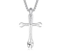 925 Sterling Silver Wrench Cross Necklace for Men, Philippians 4:13 I Can Do All Things Through Christ Pendant Necklace, Christian Religious Faith Jewelry Gift for Mechanic Dad Husband Birthday