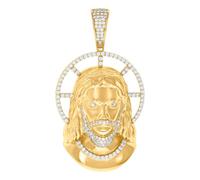 925 Sterling Silver Yellow tone Mens Round Cubic Zirconia Jesus Religious Charm Pendant 60.4x33mm Wide Necklace for Men