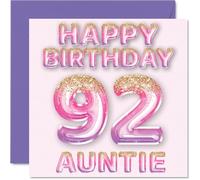 92nd Birthday Card for Auntie - Pink & Purple Glitter Balloons - Happy Birthday Cards for 92 Year Old Aunt Aunty from Nephew Niece, 145mm Bday Greeting Cards Gift