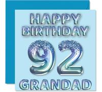 92nd Birthday Card for Grandad - Blue Glitter Party Balloons - Happy Birthday Cards for 92 Year Old Grandad from Grandson Granddaughter, 145mm Bday Greeting Cards Gift