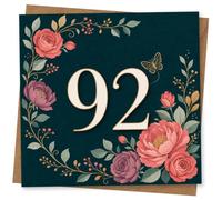 92nd Birthday Card for Her, Blossoms, Leaves and Butterfly | A striking 92 in the centre, with vintage-style blossoms, leafy sprigs and butterfly detail to mark her 92nd.