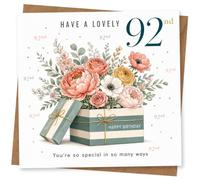 92nd Birthday Card for Her, Floral Gift Box Bouquet | Large 92 with ‘Have a lovely 92nd’, bouquet bursting from a striped present and the line ‘You’re so special in so many ways’.