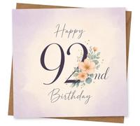 92nd Birthday Card for Her, Large 92 & Soft Floral Detail | Elegant “Happy 92nd Birthday” wording with a large 92, soft peach blossoms, sage leaves and scattered gold-style dots.