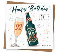 92nd Birthday Card for Uncle, Bold 92, Beer & Star Confetti | Bold 92 design with a beer bottle, champagne flute and starry confetti, finished with “Happy Birthday Uncle” for his 92nd.