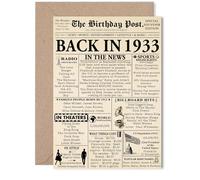 92nd Birthday Card for Women Men - Newspaper Back in 1933 - Happy 92 Birthday Cards for Grandad Uncle Husband Auntie Nanny Grandma, 5x7 Inch Bday Greeting Cards