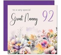 92nd Great Nanny Birthday Card - Purple Floral Great Grandma Birthday Card for 92 Year old Ninety two Ninety Second