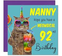 92nd Nanny Birthday Card - Meowgical Cat Funny Grandma Birthday Card for 92 Year old Ninety two Ninety Second