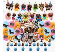 92pcs Dachshund Balloon Set, Dog Animal Birthday Party Decorations with Cake Toppers, Stickers, Banners & Flags for Party Scenes