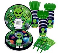 93 PCS Alien Disposable Tableware Set for 8 People, UFO Theme, Includes Plates, Cups, Straws Knives Forks Drinking Tissues, Suitable for Raw Theme Party Drinking Outdoor Picnic