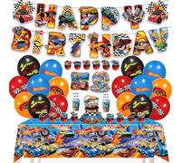 93 Piece Hot Whels Birthday Decoration Boy, Racing Car Birthday Party Tableware Set, Car Birthday Decoration with Plates, Paper Cups, Tablecloth, Straw, Napkins for Children's Birthday Party Supplies