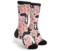 934 Novelty Trainer Socks Border Collie Flowers Cute Pink Flowers Socks Breathable Work Socks Unisex For Women Yoga Outdoor 40Cm
