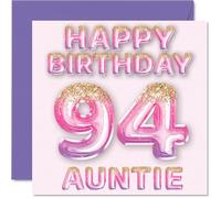 94th Birthday Card for Auntie - Pink & Purple Glitter Balloons - Happy Birthday Cards for 94 Year Old Aunt Aunty from Nephew Niece, 145mm Bday Greeting Cards Gift