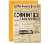 94th Birthday Card for Women Men - Bday Press Newspaper 1931 - Happy 94 Birthday Cards for Grandad Husband Wife Uncle Dad Auntie, A5 Bday Greeting Cards