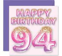 94th Birthday Card for Women - Pink & Purple Glitter Balloons - Happy Birthday Cards for 94 Year Old Woman Mum Great Nanny Grandma Gran, 145mm Greeting Cards Gift