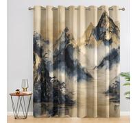 95% Blackout Mountain Curtains for Living Room Bedroom 108 Inch Drop, Chinese Landscape Asian Printed Thermal Eyelet Windows Drapes for Home Decor, 90 x 108, 2 Panels - V395