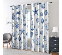 95% Blackout Nautical Coastal Curtains for Living Room Bedroom 90 Inch Drop, Sea Ocean Starfish Seashell Printed Thermal Eyelet Windows Drapes for Home Decor, 90 x 90, 2 Panels - H692