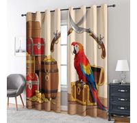 95% Blackout Treasure Chest Curtains for Living Room Bedroom 90 Inch Drop, Nautical Pirate Parrot Printed Thermal Eyelet Windows Drapes for Home Decor, 66 x 90, 2 Panels - H755