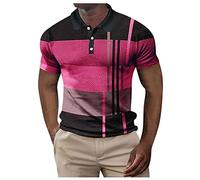 95 Cotton 5 Spandex T Shirts Men Male Spring and Summer Down Short Sleeve Top Plaid Lapel Color Matching Stripe Print T Shirt Mens Tall Short Sleeve Shirts (Hot Pink, XXXL)