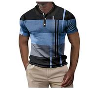 95 Cotton 5 Spandex T Shirts Men Male Spring and Summer Down Short Sleeve Top Plaid Lapel Color Matching Stripe Print T Shirt Mens Tall Short Sleeve Shirts (Light Blue, XXXL)