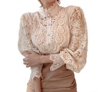 95% Polyester Ladies Shirt Long Sleeve Lace Detail(Apricot L)